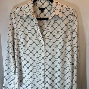 Ann Taylor White Blouse with Black Chain Pattern